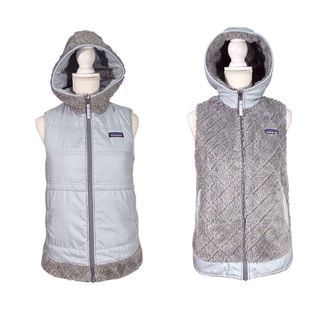 Patagonia Womens Los Gatos Reversible Hooded Vest Small Gray Quilted Fleece FLAW